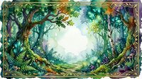 Enchanted forest clearing with magical glowing light, lush green foliage and mystical atmosphere for fantasy storytelling and nature designs.