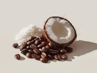 Fresh coconut half with shredded coconut and roasted coffee beans on beige background, showcasing tropical ingredients for food and beverage concepts.