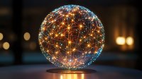 Glowing sphere with interconnected light points forming network pattern against dark background, floating above surface with warm bokeh lights.