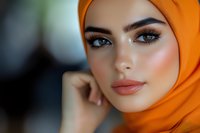 Young Middle Eastern woman wearing orange hijab with flawless makeup, long lashes and neutral lipstick poses gracefully against blurred background. Modern fashion portrait.