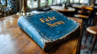 Old worn blue book with gold lettering spelling "Fake News" on wooden table in cafe setting, conceptual photograph about misinformation and media literacy.