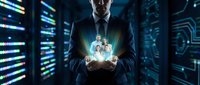 Professional businessman in dark suit holding glowing holographic family figures in futuristic data center with blue server lights and digital technology background.