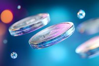 Floating transparent coins with pink and blue reflections against blurred bokeh background create futuristic cryptocurrency concept visualization.