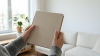 Person with medium skin tone holding blank beige book or notebook indoors near window with plant, suitable for publishing, education, and lifestyle content.
