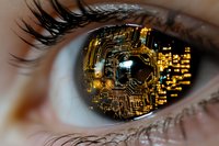 Close-up macro shot of human eye with digital circuit board reflection in pupil, representing artificial intelligence and future technology concept.