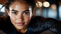 Young African American woman with natural curly hair and freckles smiling confidently at camera, soft bokeh lights in dark background, close up portrait showing genuine expression.