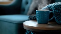 Steaming turquoise ceramic mug on wooden table with cozy knitted blanket in teal blue tones creates atmospheric morning mood for relaxation and comfort.