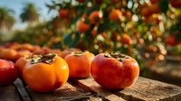 Fresh ripe persimmons on rustic wooden table with orchard in background. Seasonal autumn harvest of sweet orange fruits for healthy eating.