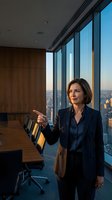 Confident Caucasian businesswoman in navy suit pointing in modern high-rise boardroom with panoramic city skyline at golden hour.