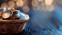 Glittering golden and silver Christmas ornaments in woven basket against dark blue wooden background with soft bokeh lights creating festive atmosphere.