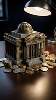 Miniature classical bank building model with dome surrounded by golden coins on wooden desk under warm lamp light for financial concepts.