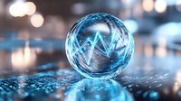 Crystal ball with glowing financial chart inside on digital surface with bokeh lights, futuristic market prediction and investment concept.