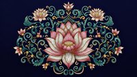 Ornate lotus flower mandala with decorative swirls and floral elements on dark blue background for meditation, yoga, spiritual designs and home decor.