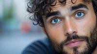Close-up portrait of young man with curly dark hair, blue eyes, and beard looking thoughtfully at camera against blurred background.