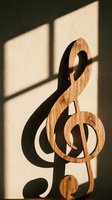 Wooden treble clef casting shadow on textured wall with natural sunlight streaming through window creating geometric patterns for music education materials.