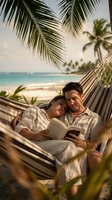 Young Caucasian couple relaxing in a hammock on a tropical beach, man reading a book, woman resting on his shoulder, palm trees and turquoise sea.