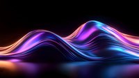 Glowing neon waves with vibrant purple and blue colors flow smoothly against dark background creating dynamic abstract light trails and reflective surface effect.
