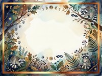 Woodland creatures and botanical elements frame a blank cream center space with decorative border, suitable for invitations, cards, posters, and design templates.