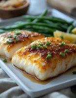 Seared cod fillets with caramelized glaze, fresh green beans and lemon wedges on white plate, gourmet seafood dinner presentation.