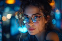 Young Hispanic woman in glasses with messy updo hairstyle against blurred city lights background at night, dramatic neon blue bokeh lighting creates moody portrait.
