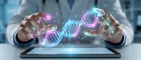 Professional hands holding glowing DNA double helix hologram above digital tablet showcasing genetic research and biotechnology innovation in modern laboratory.