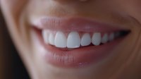 Close up of bright white healthy teeth and natural pink lips showing genuine smile against soft skin tone background, suitable for dental and cosmetic advertising.