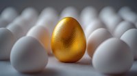 Golden egg stands out among regular white eggs, symbolizing uniqueness, success and financial prosperity. Dramatic lighting emphasizes exceptional value and leadership concept.