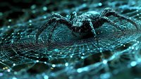 Dark spider on glowing web with water drops against black background creates mysterious atmosphere. Digital network concept with neon blue lighting effects.