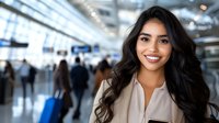 Young Asian woman with bright smile and long dark hair in airport terminal, wearing business casual attire. Blurred travelers and luggage in background.