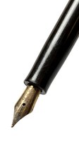 Close-up of vintage fountain pen with ornate gold nib on white background, isolated for business and writing design projects.