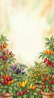 Colorful ornamental pepper plants with vibrant red, yellow, and purple fruits in terracotta pots arranged on watercolor background, suitable for gardening, agriculture, and botanical design projects.