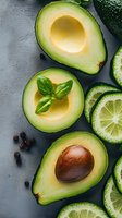 Fresh cut avocado halves with basil leaves and lime slices on gray background, scattered black peppercorns adding contrast and texture to healthy food composition.