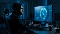 Young Asian male software developer analyzing brain scan data on computer monitor in dark modern laboratory workspace with blue ambient lighting.