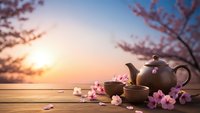 Tranquil tea ceremony setup with ceramic teapot and cups on wooden deck at sunset, surrounded by delicate pink cherry blossoms for relaxation moments.