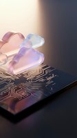 Translucent cloud shapes in pink and purple tones sit on a smartphone displaying circuit board patterns, symbolizing cloud computing and digital technology for web design and tech concepts.