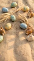 Colorful painted Easter eggs with wheat stalks and ceramic bunny figurines arranged on rustic burlap fabric for spring holiday celebration and decoration.