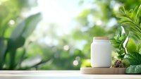 White cosmetic jar on wooden plate with green tropical leaves and natural bokeh background, wellness spa concept for skincare and beauty products.
