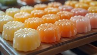 Colorful handmade soap bars arranged in rows on wooden tray, featuring natural ingredients and floral patterns for spa, wellness and skincare products.