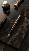 Luxury writing instruments and leather accessories arranged on dark marble surface with gold accents, suitable for business, stationery, and lifestyle branding projects.