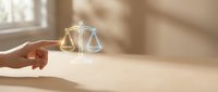 Hand holding glowing golden scales of justice symbol in warm sunlit room representing legal balance, fairness and judicial system concepts.