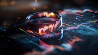 Futuristic financial data visualization with glowing trading charts and graphs projected through glass ring, combining technology and market analysis in dark setting.