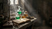 Medieval alchemist laboratory with glowing green potion, ancient books, brass scales and mystical apparatus in atmospheric stone chamber.