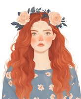 Young woman with flowing red hair, freckles and floral crown wearing blue floral dress, illustrated in soft romantic style on white background. Digital art portrait.