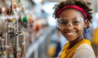 Young African American female scientist wearing safety goggles and red headband smiles while working in research laboratory with equipment and instruments in background.