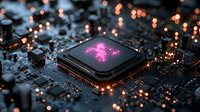 Glowing pink heart symbol on computer processor chip with bokeh lights on dark circuit board background, representing digital love and technology connection.