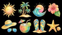 Watercolor summer beach clipart set with sun, palm trees, wave, hibiscus, hat, coconut drink, flip flops, and starfish, isolated on transparent background for stickers and print on demand.