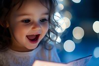 Excited young girl with curly dark hair looking at glowing screen or book with wonder and joy, illuminated by blue bokeh lights in background, capturing magical moment.