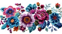 Vibrant floral arrangement with pink roses, blue anemones, and purple passion flowers adorned with turquoise leaves creates romantic botanical composition.