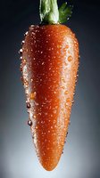 Fresh orange carrot with water drops on dark background, macro photography showing detailed texture and natural moisture for food and healthy eating concepts.