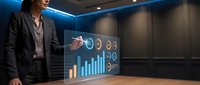 Professional businesswoman presenting data analytics on futuristic holographic display in modern conference room for corporate presentations.